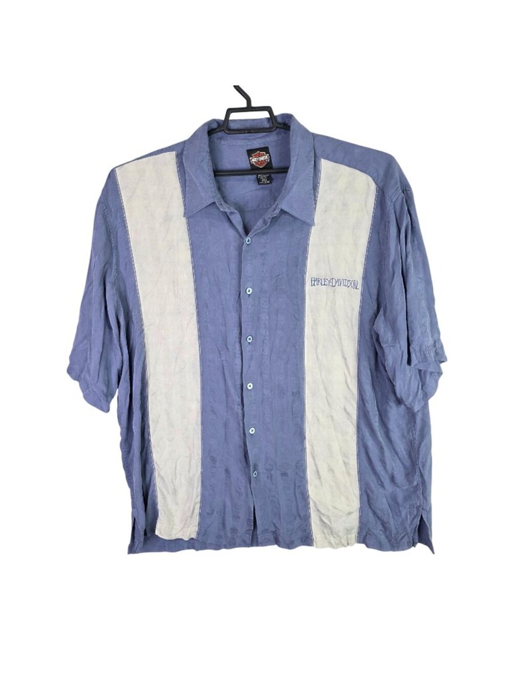 Mens Harley-Davidson Blue & White Striped 100% Silk Button Up Shirt Skulls 3XL